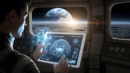 Data showing male astronaut in dark suit using a holographic tablet displaying space mission...の写真素材