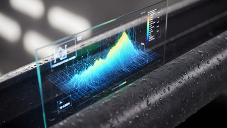 A transparent screen a vibrant holographic spectrum graph with blue, yellow, and red hues over a...の写真素材