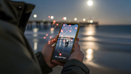 Hands hold a smartphone displaying a pier intrusion alert with a red network overlay against a...の写真素材