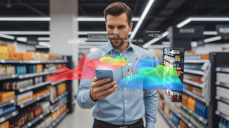 A man holds a smartphone displaying AR data overlays in a brightly lit supermarket aisle with...の写真素材