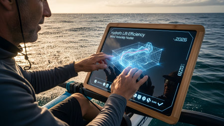 A man in a boat uses a tablet displaying a 3D graph of hydrofoil lift efficiency data....の写真素材