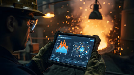 A man in a hard hat and safety glasses holds a tablet displaying data charts and graphs in a...の写真素材