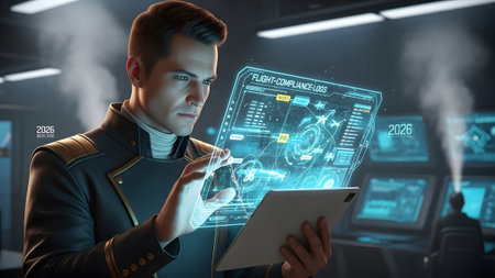 A man in a futuristic uniform studies a glowing blue holographic display of flight compliance...の写真素材