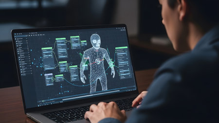A person in a dark jacket uses a laptop showing a detailed 3D human wireframe model with data...の写真素材