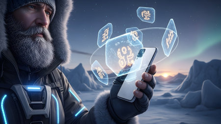Hood showing man in fur-lined hood holding smartphone with holographic ancient symbols in snowy...の写真素材