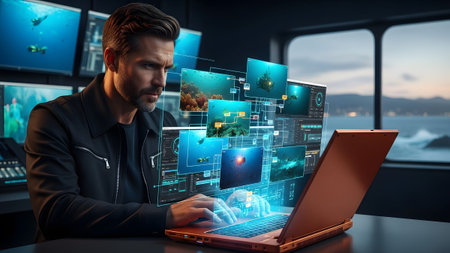 A man intently analyzes underwater feeds on a holographic display projected from a laptop in a...の写真素材