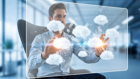 A man in a light blue shirt sits in a chair, his hands interacting with a holographic interface...の写真素材