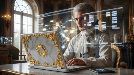 A man in historical attire uses a futuristic laptop displaying holographic charts and graphs in...の写真素材