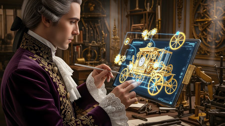 A man in historical clothing uses a stylus to interact with a golden steampunk carriage...の写真素材
