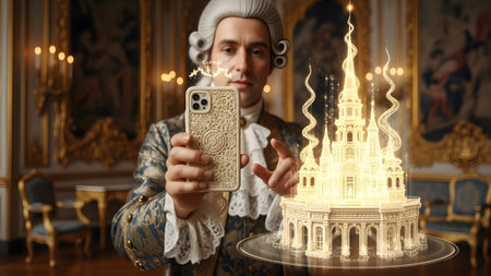 A man in a powdered wig and ornate historical clothing holds a smartphone displaying a glowing...の写真素材