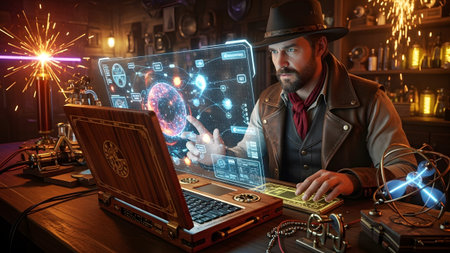 Wooden showing man in steampunk attire with hat examines holographic planetary data on a vintage...の写真素材