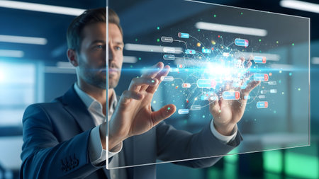 (1022) showing man in a suit interacting with a complex glowing digital data visualization with...の写真素材