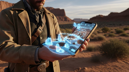 A man in cowboy attire uses a smartphone to view holographic terrain hazard information in a...の写真素材