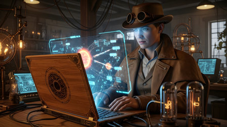 Man in steampunk attire uses a futuristic holographic interface on a wooden laptop in a laboratory.の写真素材