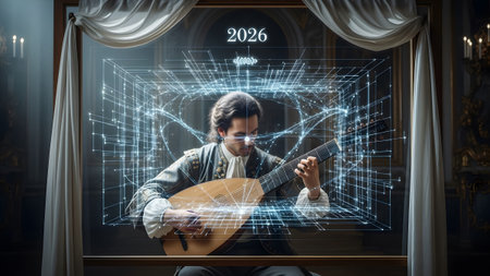showing man playing lute with futuristic digital grid and year 2026 overlay in ornate...の写真素材