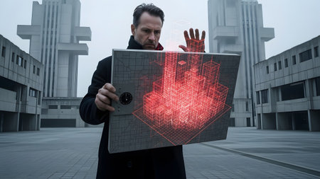 A man in a dark coat holds a tablet showing a red 3D wireframe city model outdoors....の写真素材