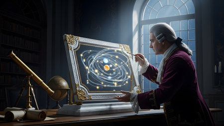 Historical showing man in historical attire points at holographic solar system on a large framed...の写真素材