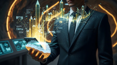 A man in a suit holds a smartphone projecting a holographic city skyline with data streams.の写真素材