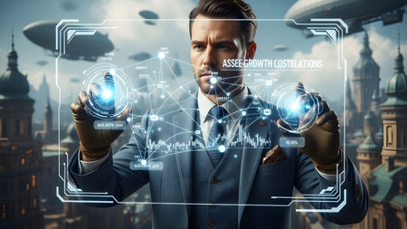 A man in a suit interacts with a glowing blue holographic interface showing network data against...の写真素材