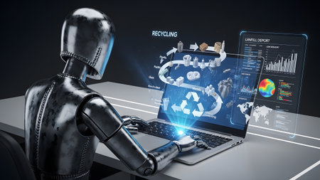 Laptop showing robot using a laptop to analyze recycling process data on a holographic screen....の写真素材