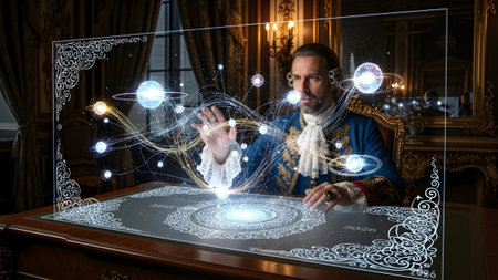 A man in ornate historical clothing interacts with a glowing holographic solar system projection.の写真素材