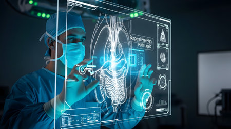 (1314) showing medical in scrubs and mask using advanced holographic interface for surgical...の写真素材