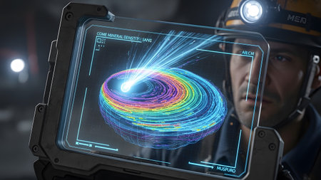 A miner holds a sturdy tablet showing a vibrant 3D scan of mineral density with radiating light...の写真素材