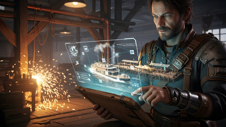 A man in a workshop uses a holographic steamboat display with welding sparks illuminating the scene.の写真素材
