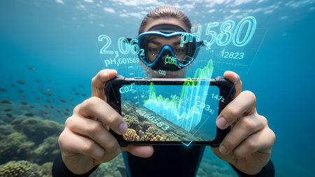 A scuba diver in a mask holds a phone displaying a glowing blue graph and underwater data in the...の写真素材