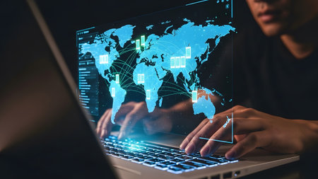 A digital map with glowing server and connecting lines is displayed on a laptop screen....の写真素材