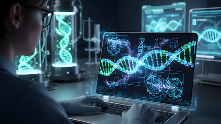 A person wearing lab gloves types on a laptop displaying a glowing green DNA helix on the screen.の写真素材