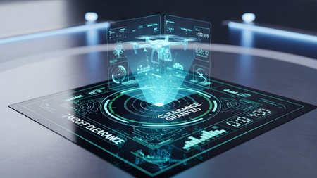 A holographic display a drone model with flight data and "Takeoff Clearance Granted"....の写真素材