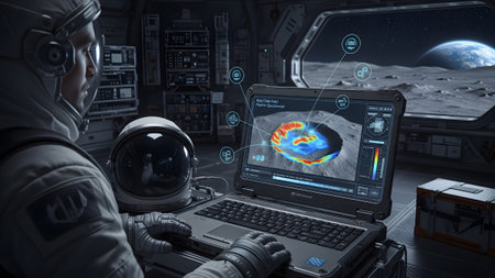 Laptop showing astronaut in spacecraft interior analyzing holographic data on laptop with moon...の写真素材