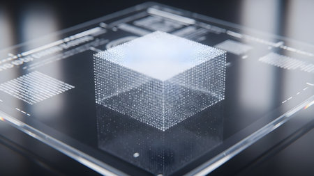 Glowing showing abstract glowing cube made of tiny particles on a transparent surface with...の写真素材