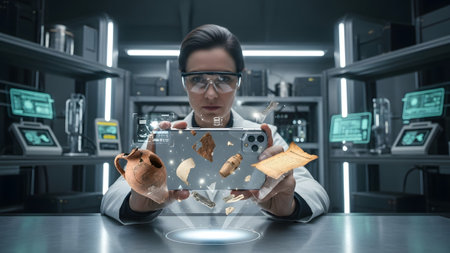 An archaeologist in a lab uses a smartphone to display holographic ancient artifacts for...の写真素材