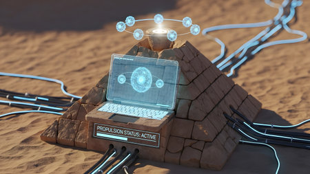 Digital showing ancient egyptian pyramid with futuristic technology and glowing digital...の写真素材