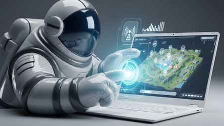 Laptop showing astronaut in futuristic suit interacting with a holographic interface on a laptop...の写真素材
