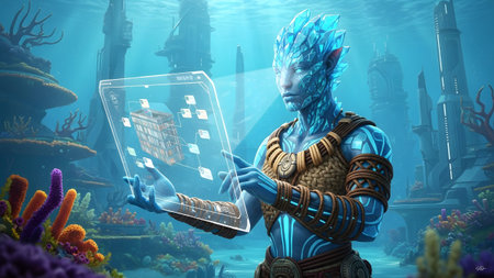 Digital showing blue crystalline humanoid examining a transparent digital interface with...の写真素材