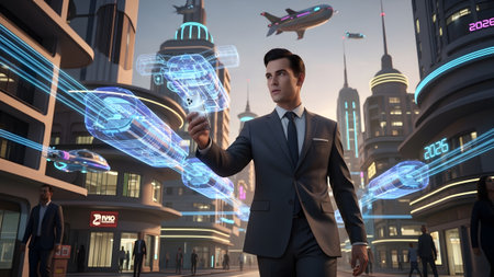 A businessman in a suit stands in a futuristic city, interacting with holographic vehicles and...の写真素材