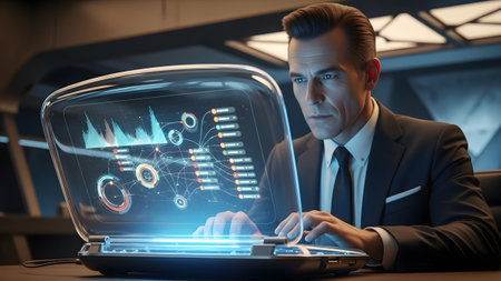 A man in a suit intently studies holographic data charts displayed on a transparent laptop.の写真素材