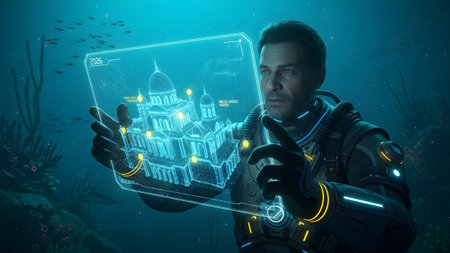 Futuristic showing diver in futuristic suit examines holographic blueprint of ancient ruins...の写真素材