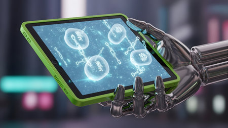 Digital showing close-up of a metallic robot hand holding a green tablet displaying a grid of...の写真素材