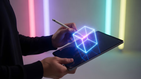 Hands showing close-up of hands holding tablet with glowing neon cube and stylus in colorful...の写真素材