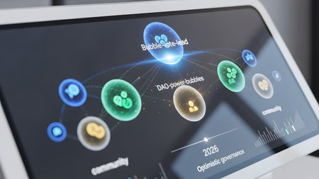 A digital screen interconnected glowing bubbles representing community and governance concepts.の写真素材