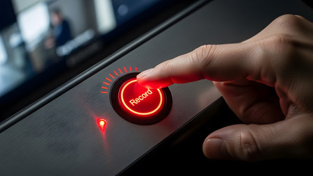 A finger presses a glowing red record button on a brushed metal device, indicating the start of...の写真素材