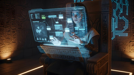 An Egyptian queen sits on a stone throne, her hands interacting with a glowing blue holographic...の写真素材