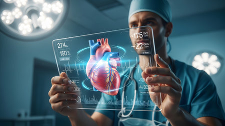 Vital showing doctor holding futuristic transparent tablet displaying 3d human heart and vital...の写真素材