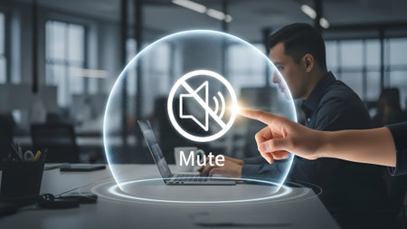 Digital showing finger activating mute in a futuristic holographic bubble over a laptop in a...の写真素材