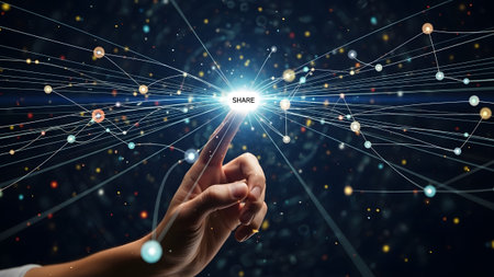 Digital showing finger touching bright share button in abstract digital network with colorful...の写真素材