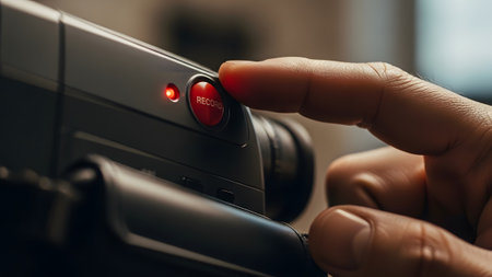Close-up of a finger pressing a red record button on a dark gray camcorder with a lit red indicator.の写真素材